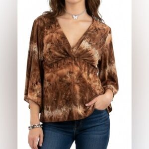 Vintage Lollol USA Brown Fairy Bell 3/4 Sleeves V Neck Y2K 2000s Blouse Size M